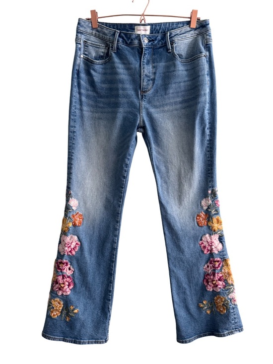 DRIFTWOOD Denim - DRIFTWOOD Blue Boot Cut Jeans with Pink & Gold Floral Embroidery